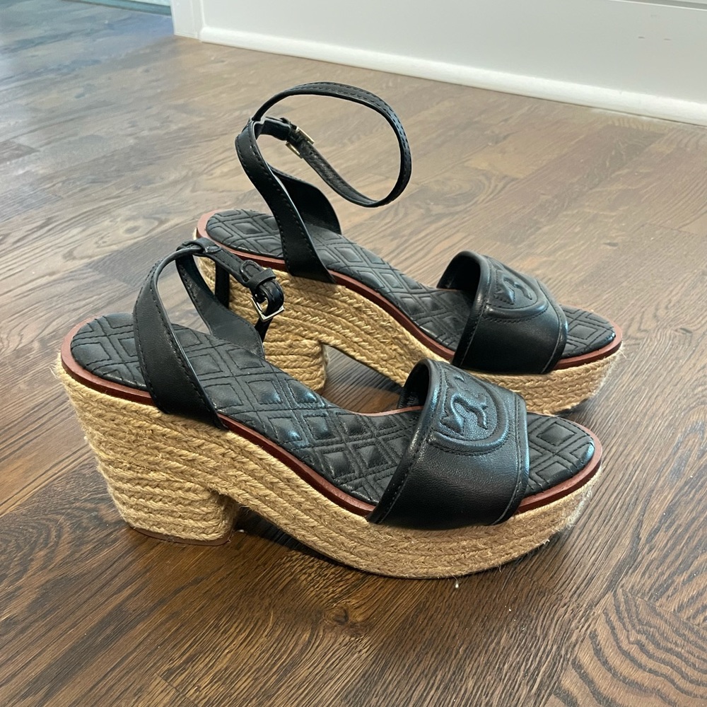 Tory Burch black leather espadrilles heel size 7.5